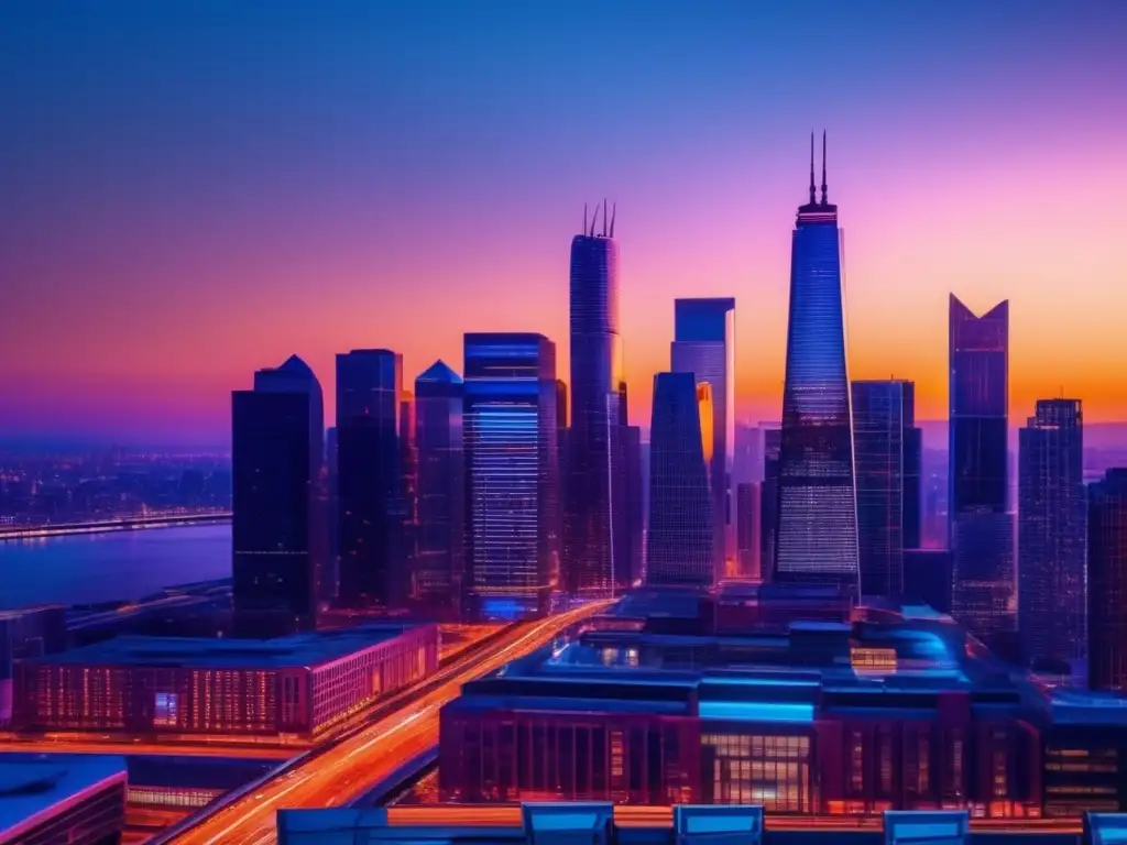 Skyline moderna al atardecer Impresionante imagen 8k de una moderna ciudad al atardecer, con rascacielos iluminados y diseño arquitectónico único