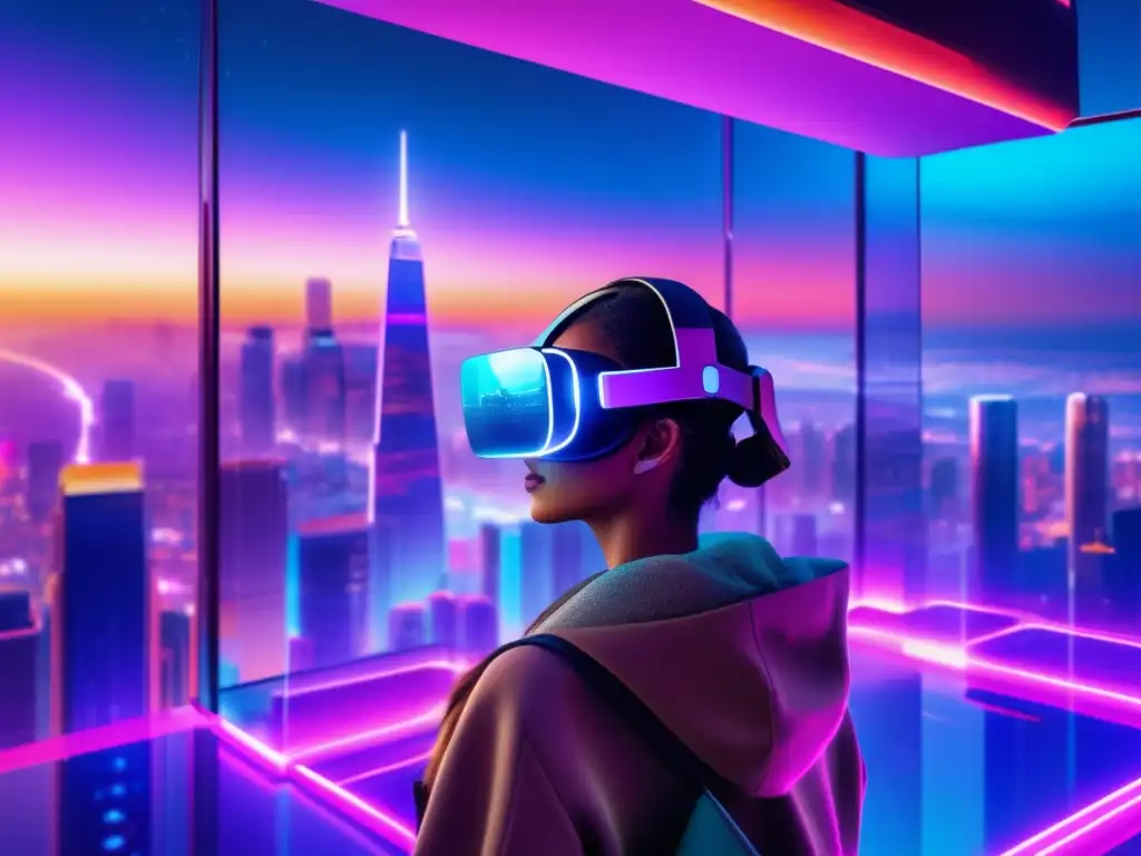 Futuro digital: ciudad holográfica, realidad virtual y criptografía Impresionante imagen 8k de paisaje digital futurista con rascacielos de vidrio transparente y metal brillante
