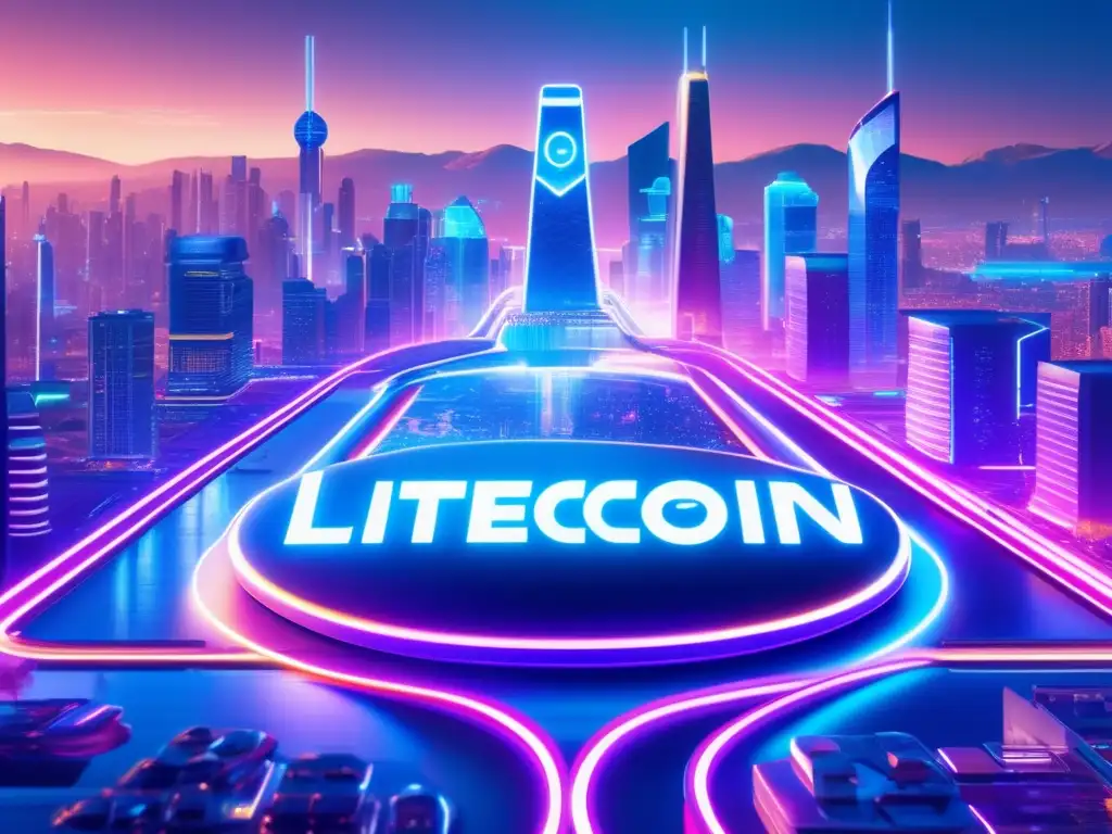 Futuro digital: ciudad vibrante y Litecoin Impresionante imagen 8k de paisaje digital futurista con Litecoin como alternativa a Bitcoin