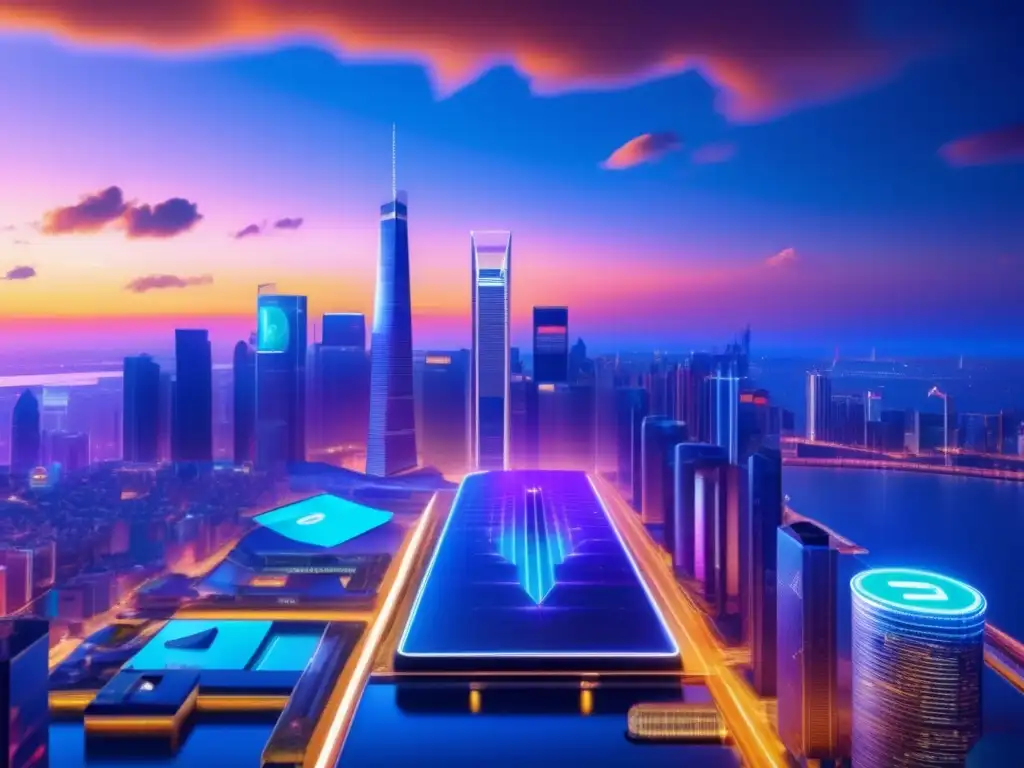 Ciudad futurista de noche con rascacielos y criptomonedas Impresionante imagen 8k muestra skyline futurista y vibrante de la ciudad al anochecer