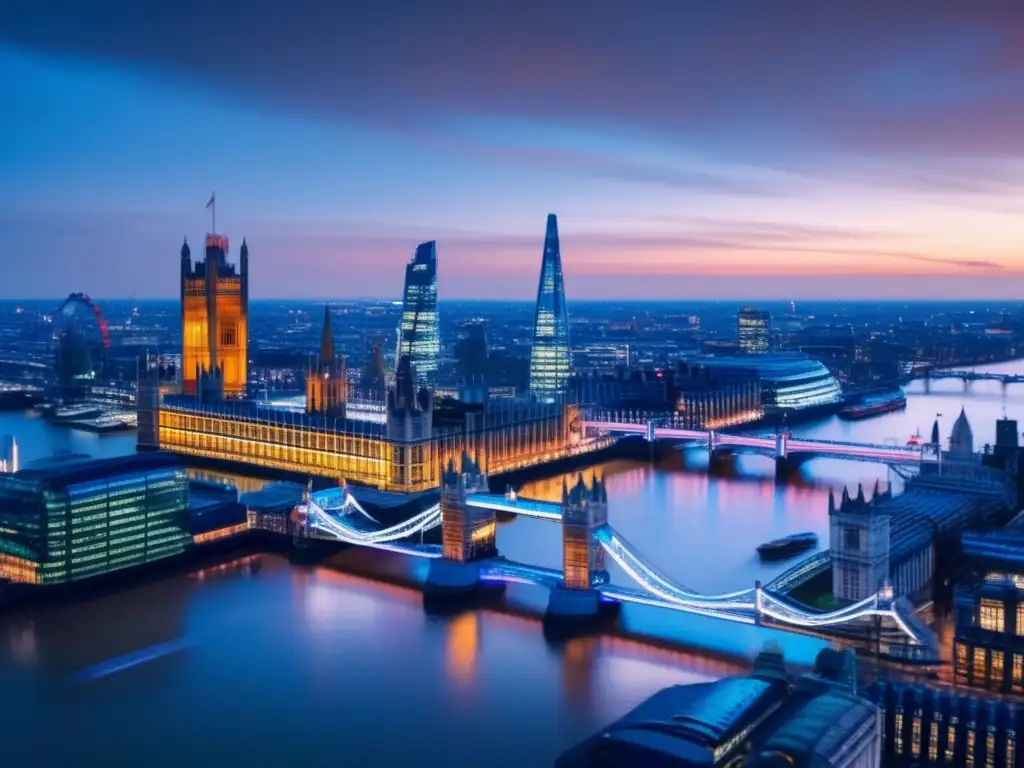 Londres: Vibrante ciudad financiera Impresionante imagen 8k muestra vibrante ciudad de Londres con arquitectura moderna, monumentos históricos y reflejo en el río Támesis