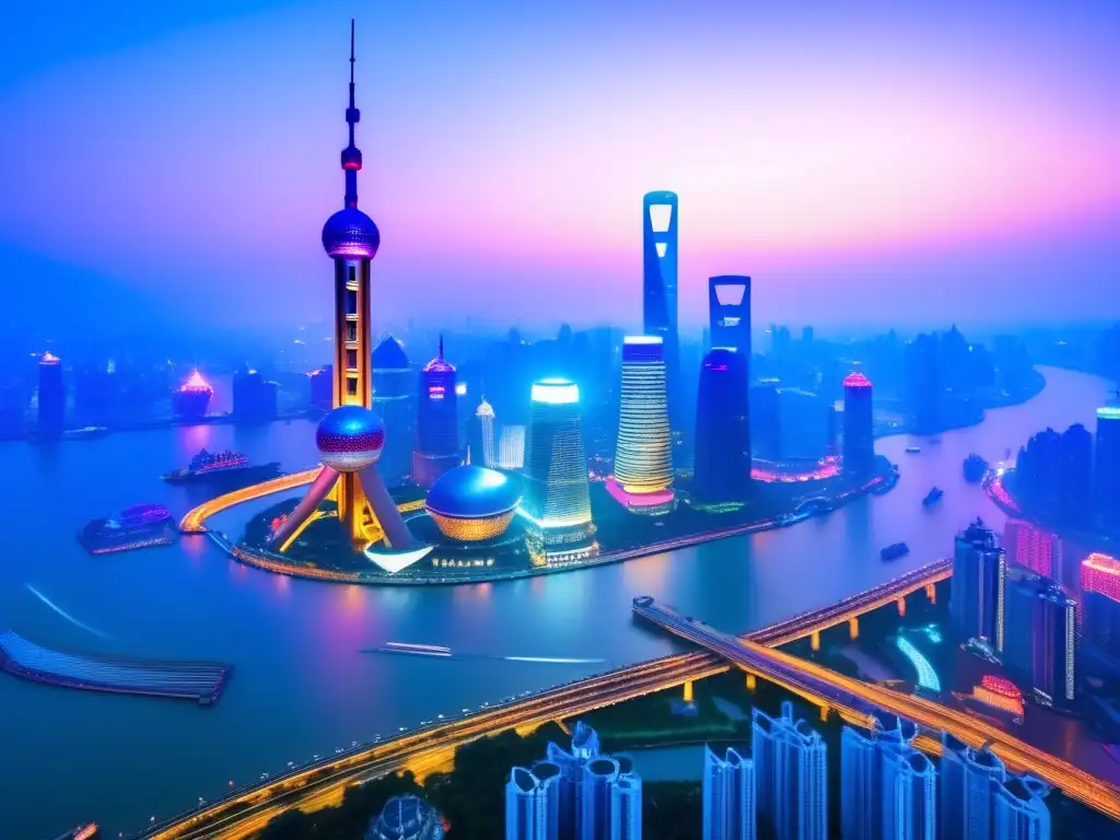 Impresionante skyline de Shanghai al anochecer Impresionante imagen 8k de la vibrante economía de Shanghai al anochecer, con los rascacielos de Pudong, la Torre Oriental Pearl y el río Huangpu