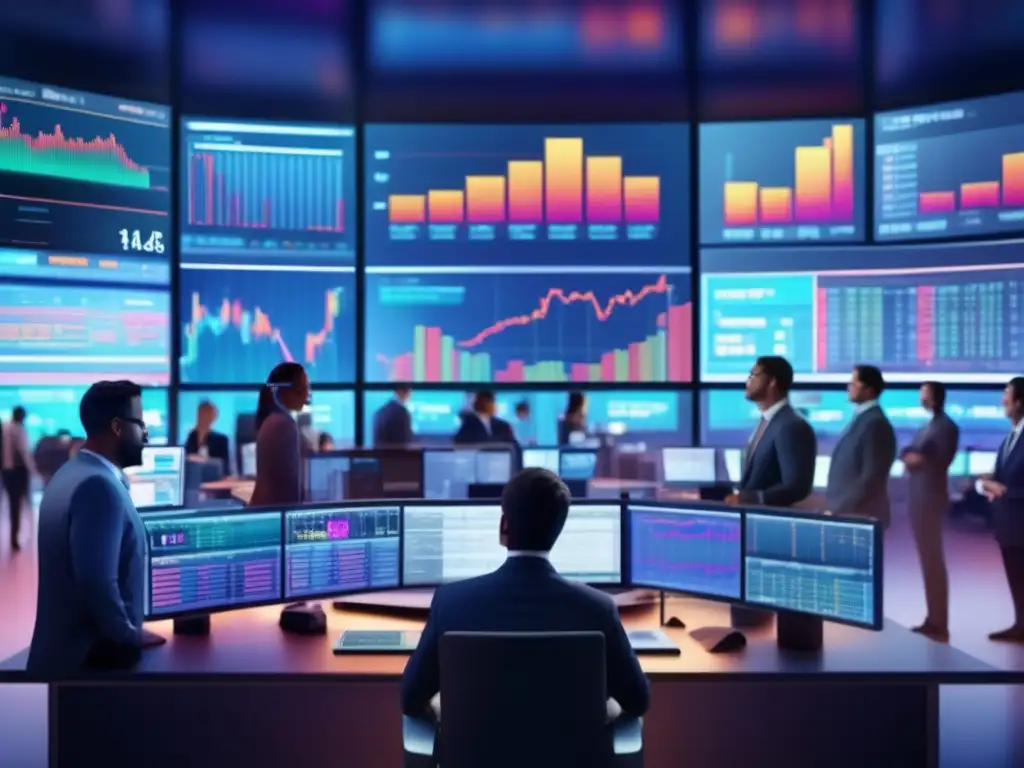 Traders en una moderna bolsa de valores Ilustración 8k impresionante de una moderna sala de bolsa con traders en atuendos futuristas, monitores LED y ambiente sofisticado