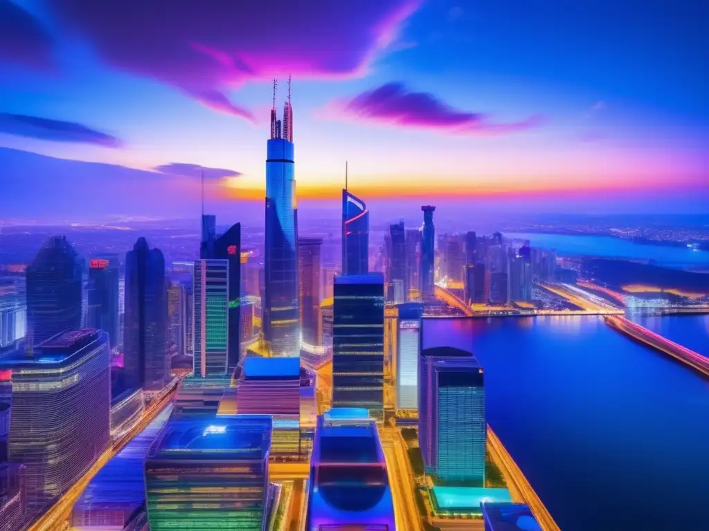 Ciudad moderna al atardecer Impresionante skyline de ciudad al anochecer, simbolizando la innovación y energía de las plataformas fintech
