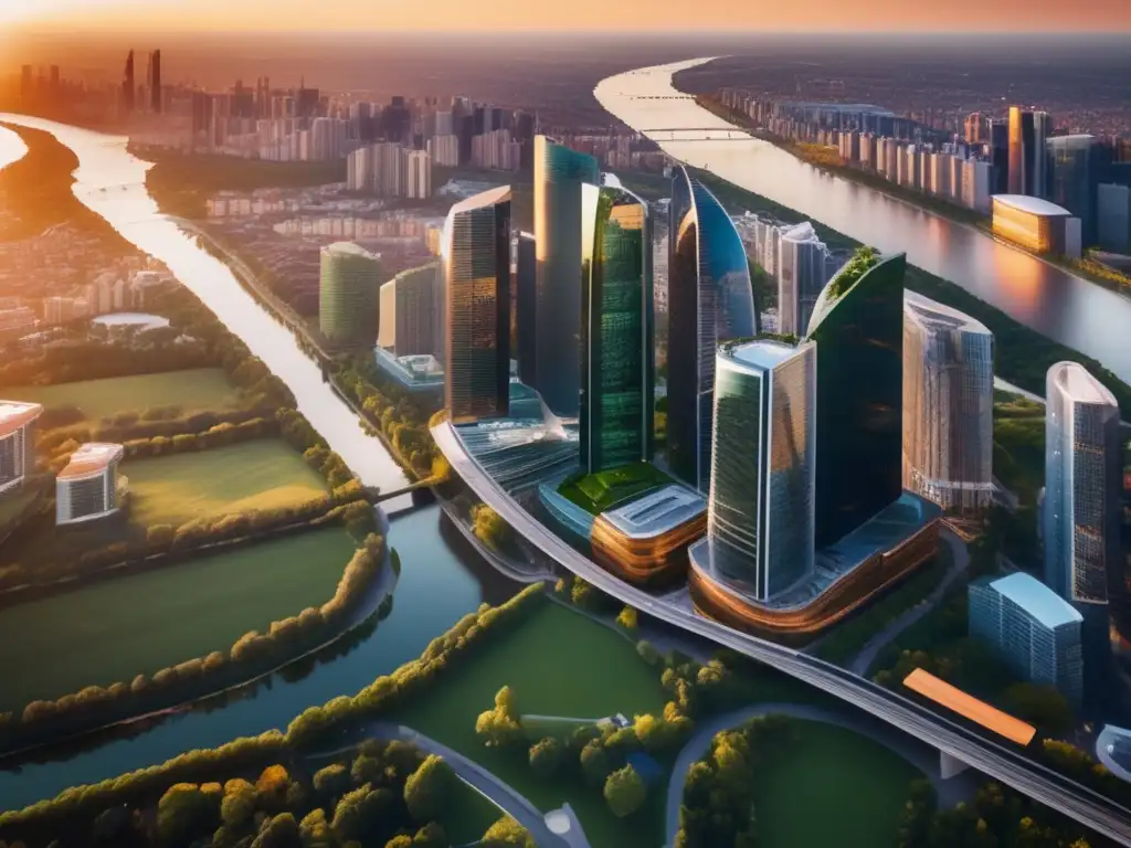 Ciudad moderna al atardecer Impresionante vista aérea en alta resolución de una ciudad moderna al atardecer, con rascacielos relucientes y reflejos cálidos
