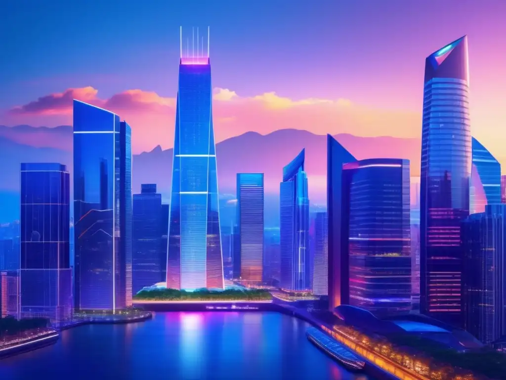 Futuro financiero en ciudad iluminada Impuestos diferidos en inversiones: Ciudad futurista con rascacielos iluminados y profesionales tomando decisiones