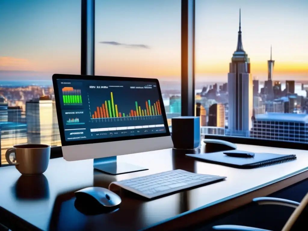 Oficina moderna con escritorio organizado y vista panorámica Impuestos y finanzas: oficina con escritorio moderno y vista panorámica de la ciudad