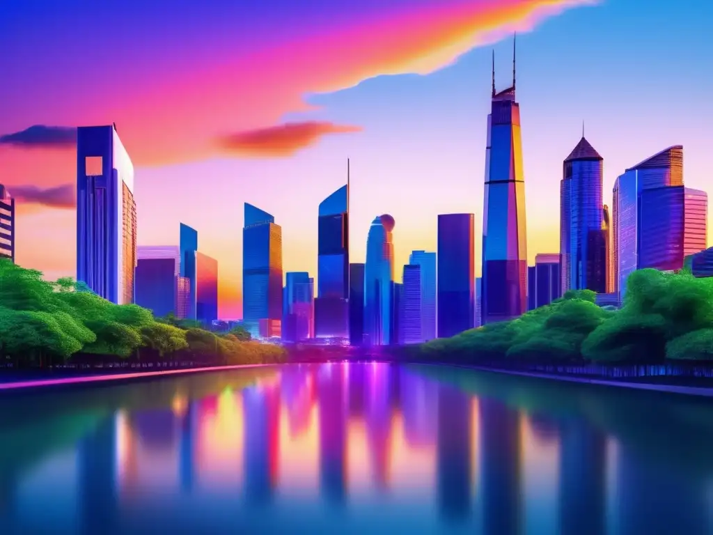 Ciudad moderna con rascacielos y naturaleza Impuestos inversión inmobiliaria - Ciudad moderna al atardecer con rascacielos de cristal y naturaleza integrada