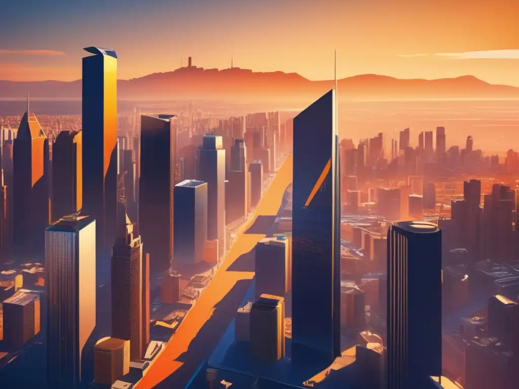 Moderna ciudad al atardecer: impacto de la política monetaria Impulso inversión inmobiliaria política monetaria, moderna ciudad al atardecer con rascacielos, gente y actividad económica