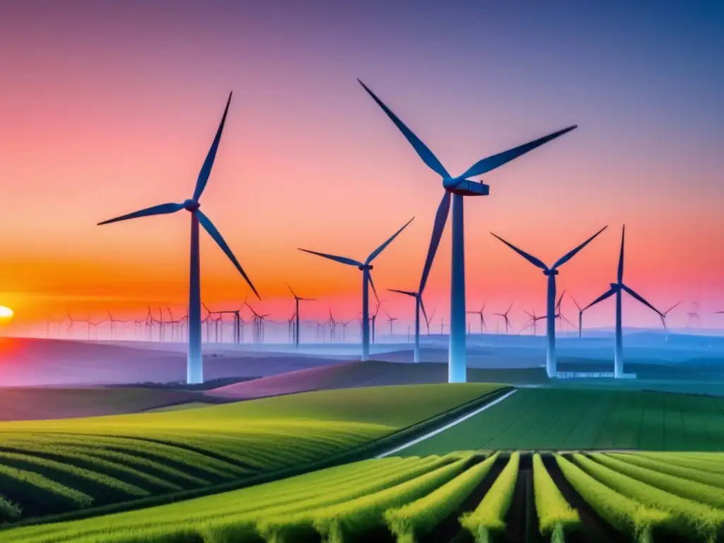 Hermoso amanecer sobre granja eólica en Asia Increíble amanecer sobre parque eólico en Asia: Inversión en energías renovables continentales