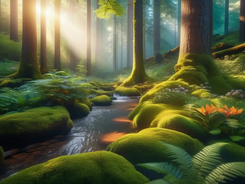 Bosque vibrante con árboles altos y luz dorada Increíble imagen 8k de un bosque exuberante con árboles altos y sol filtrándose a través del dosel