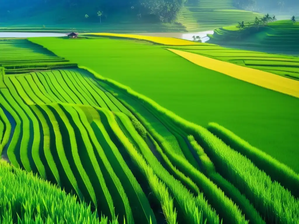 Hermoso campo de arroz verde, abundancia y crecimiento Increíbles inversiones en arroz: campo verde, agricultor y oportunidad