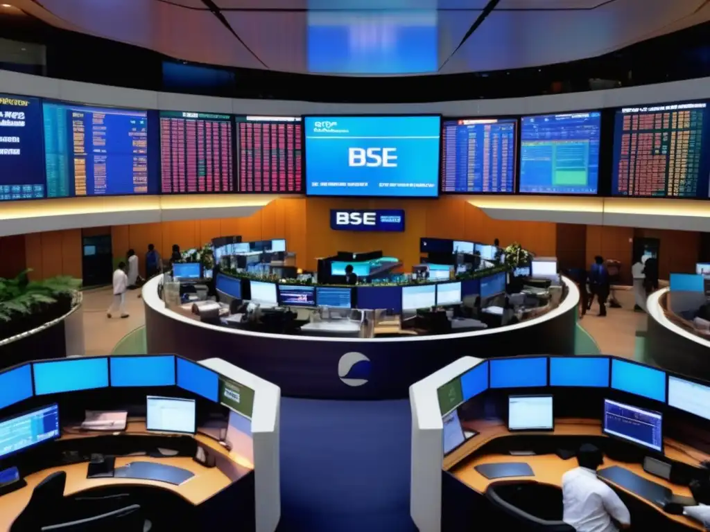 Trading floor de la Bolsa de Bombay Regulación bolsa India: claves invertir éxito - BSE Mumbai: vibrante trading floor con tecnología avanzada y dinamismo
