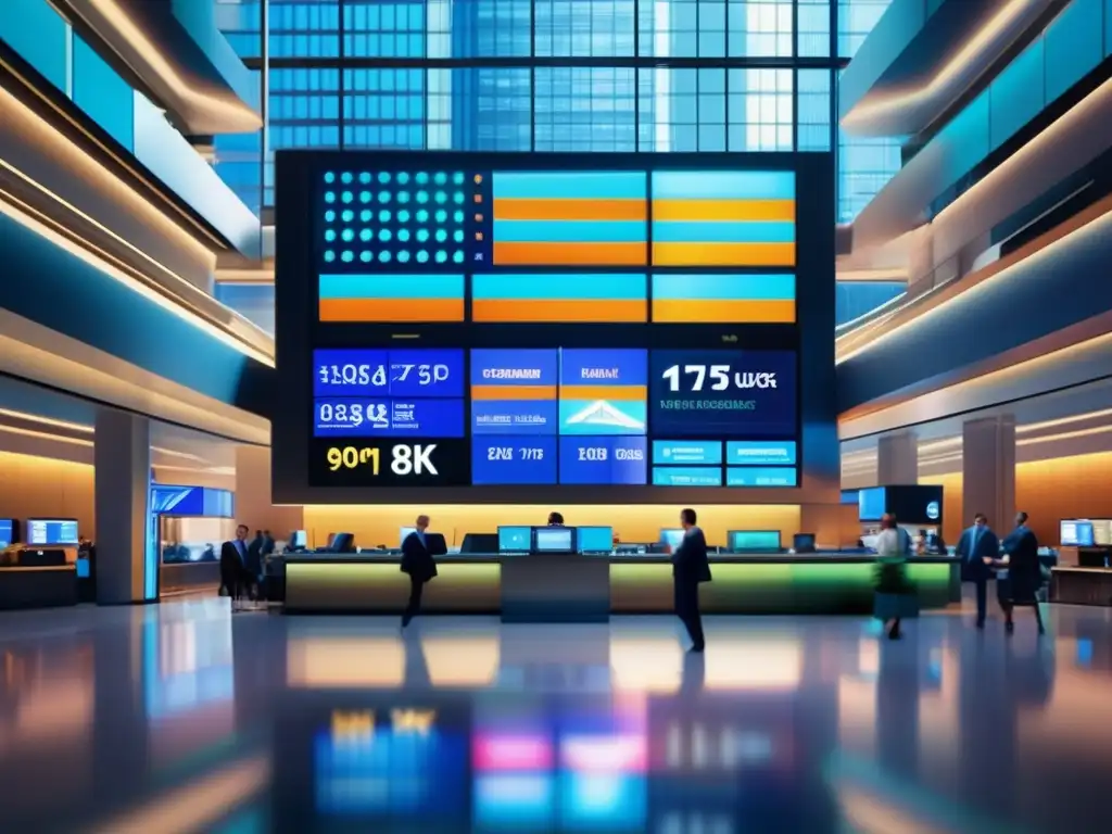Piso de bolsa moderno y dinámico Invertir en índices financieros en moderno y dinámico piso bursátil con traders y datos en tiempo real