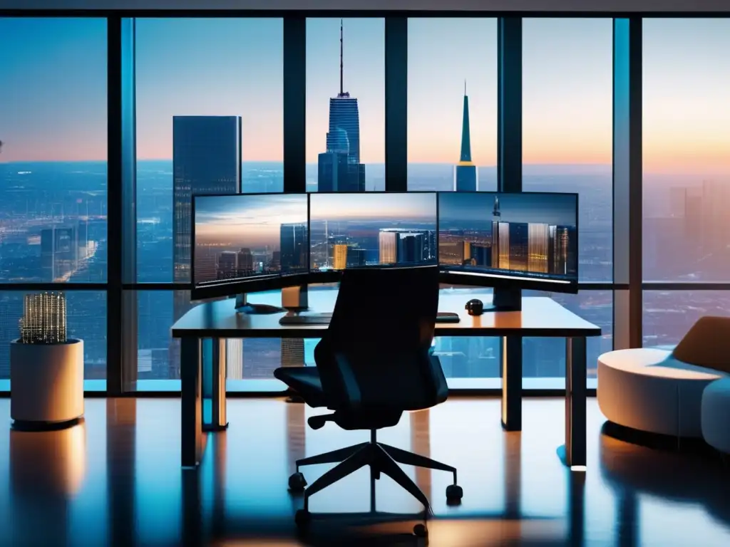 Oficina moderna con vista panorámica Invertir en índices financieros en una oficina moderna y elegante