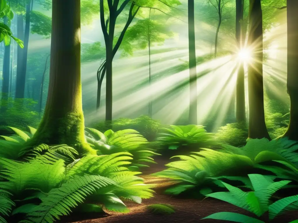 Bosque exuberante y vibrante: la importancia de la sostenibilidad Índices de sostenibilidad en inversión: Imagen impresionante de un bosque verde exuberante con árboles imponentes y una vegetación vibrante