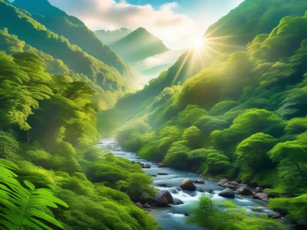 Bosque verde y montañas: belleza y sostenibilidad Índices de sostenibilidad en inversión: Vista panorámica de un exuberante bosque verde rodeado de imponentes montañas
