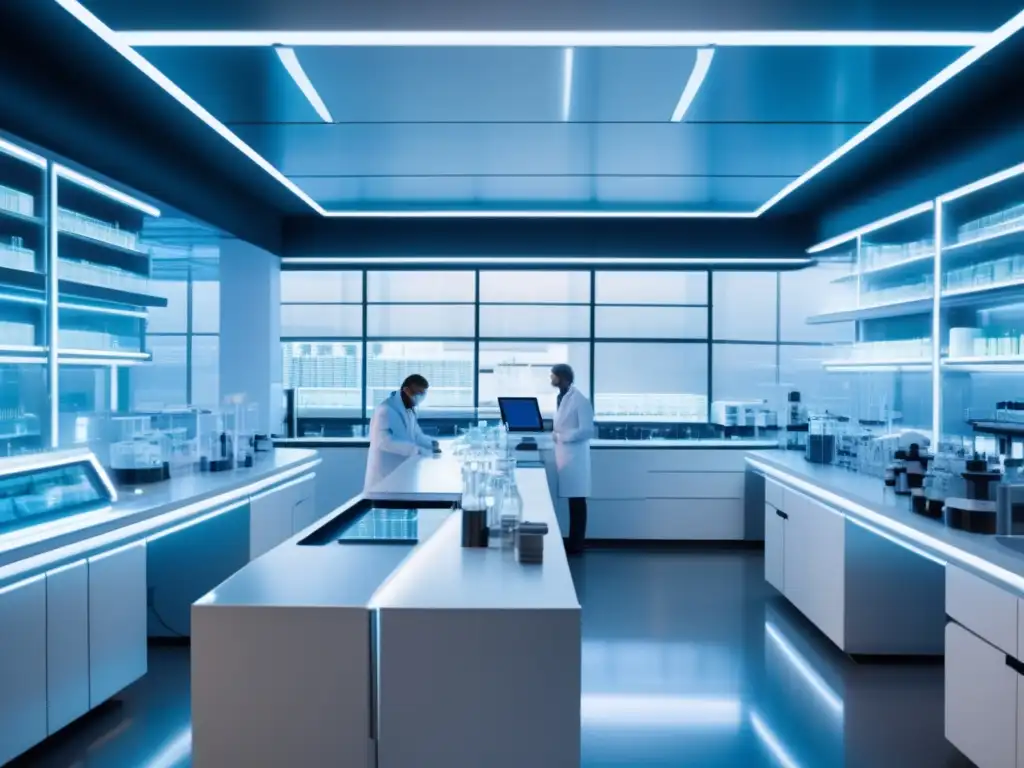Futuro laboratorio farmacéutico en Europa Inversión en industria farmacéutica europea: laboratorio futurista con tecnología avanzada y científicos trabajando en investigación y desarrollo