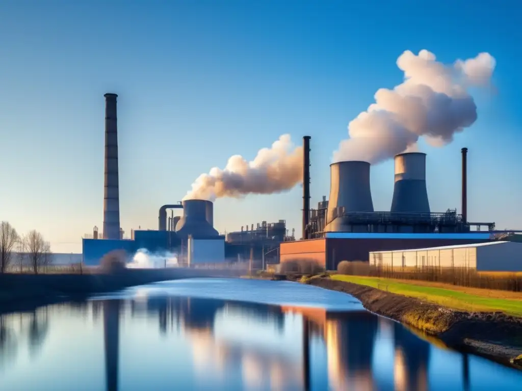 Fábrica industrial emitiendo humo sobre río Fábrica industrial emitiendo humo y contaminando río - Plomo como alternativa para diversificar