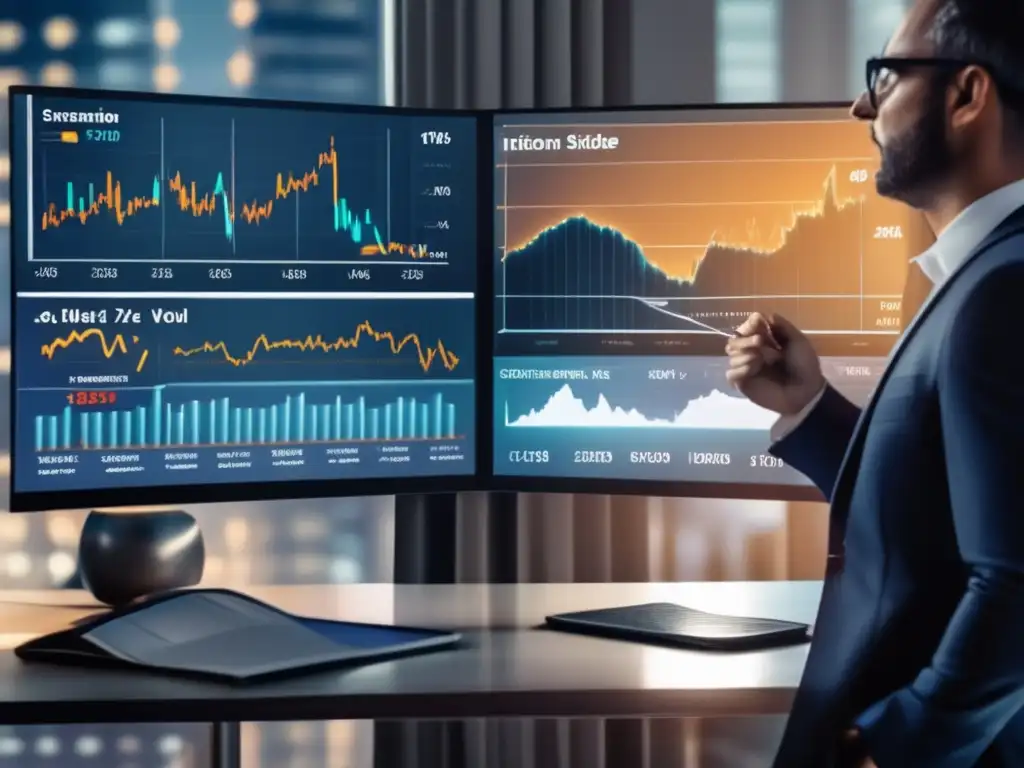 Desafíos de la inflación y análisis de inversiones Inflación y análisis de inversión: volatilidad, incertidumbre y experticia en imagen 8k splitscreen de empresario y gráficos financieros