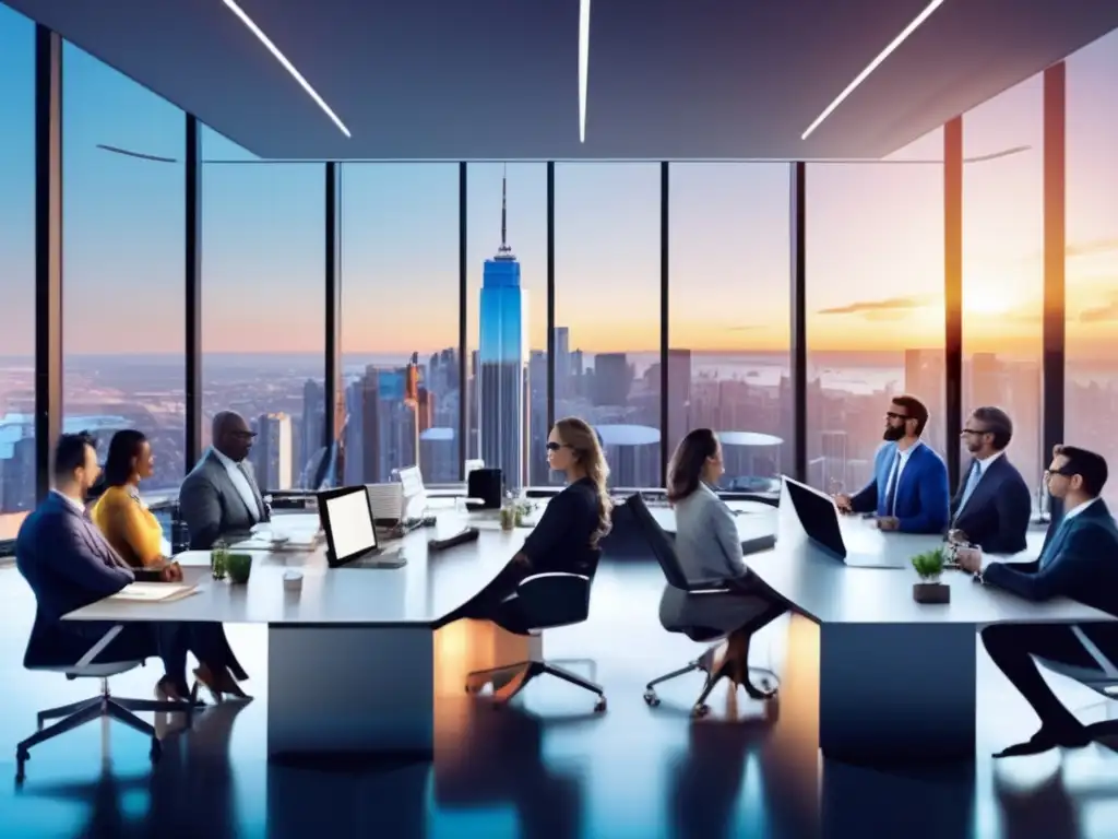 Influencers financieros en oficina moderna Influencers de acciones financieras destacados en moderna oficina con vista panorámica de la ciudad