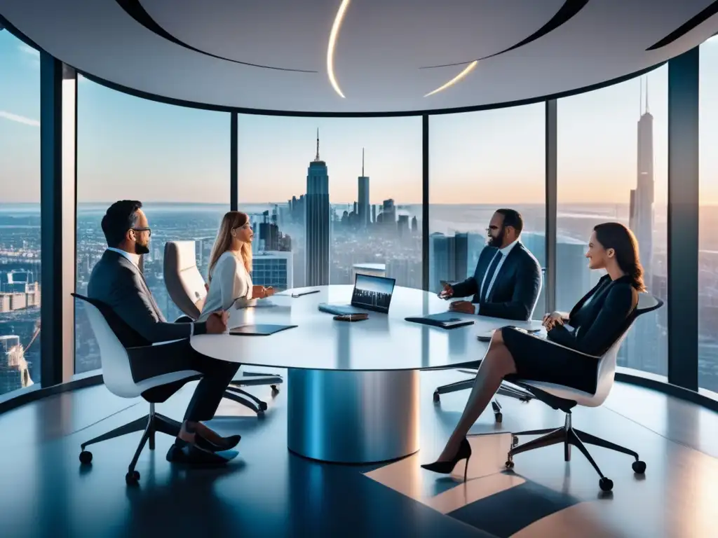 Sala de reuniones con expertos financieros Influencers de acciones financieras destacados en moderna oficina con vista a la ciudad