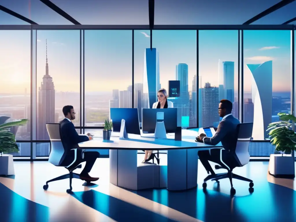 Oficina moderna con expertos financieros Influencers de acciones financieras destacados trabajando en una oficina moderna con vista a la ciudad