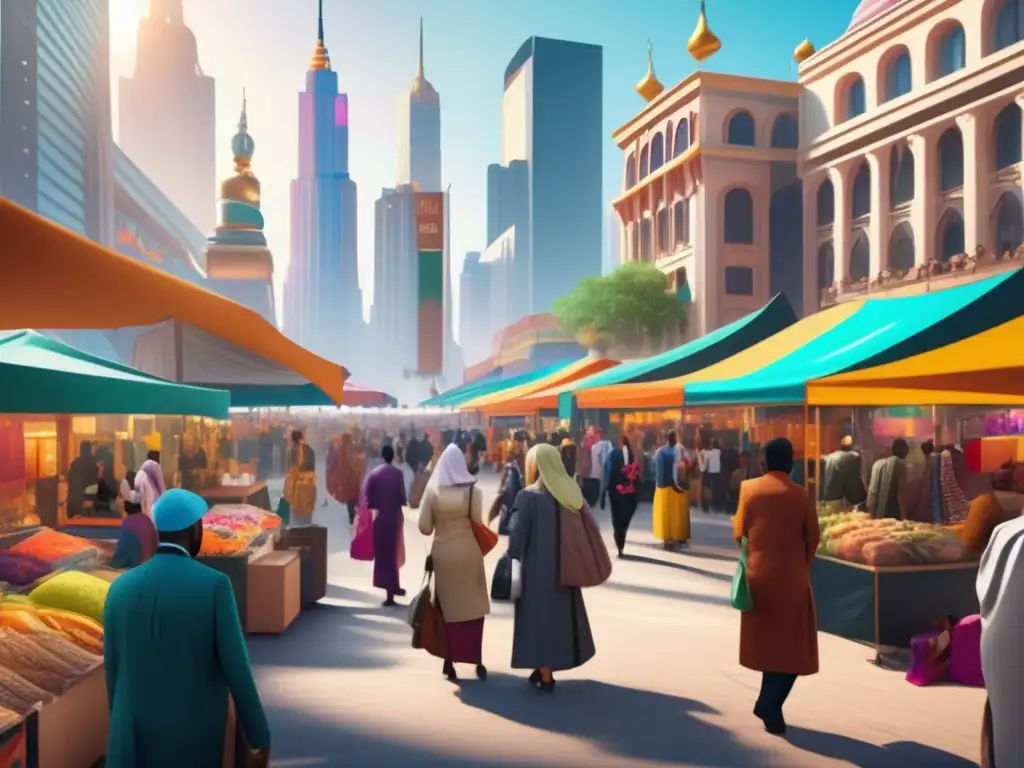 Mercado de arte islámico en ciudad moderna Influencia del arte islámico en inversiones en una vibrante ciudad cosmopolita con rascacielos y un animado mercado de arte