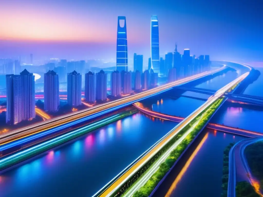 Ciudad china nocturna: luces, río y tren Influencia China mercados emergentes: ciudad china nocturna, rascacielos iluminados, tren veloz, arquitectura tradicional, oportunidades de negocio