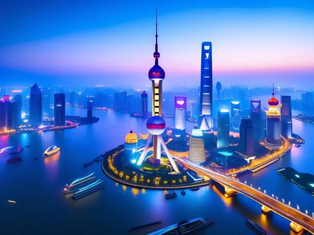 Shanghai, China: Impresionante ciudad nocturna Influencia China en mercados emergentes, Shanghai nocturno con rascacielos iluminados, Oriental Pearl Tower