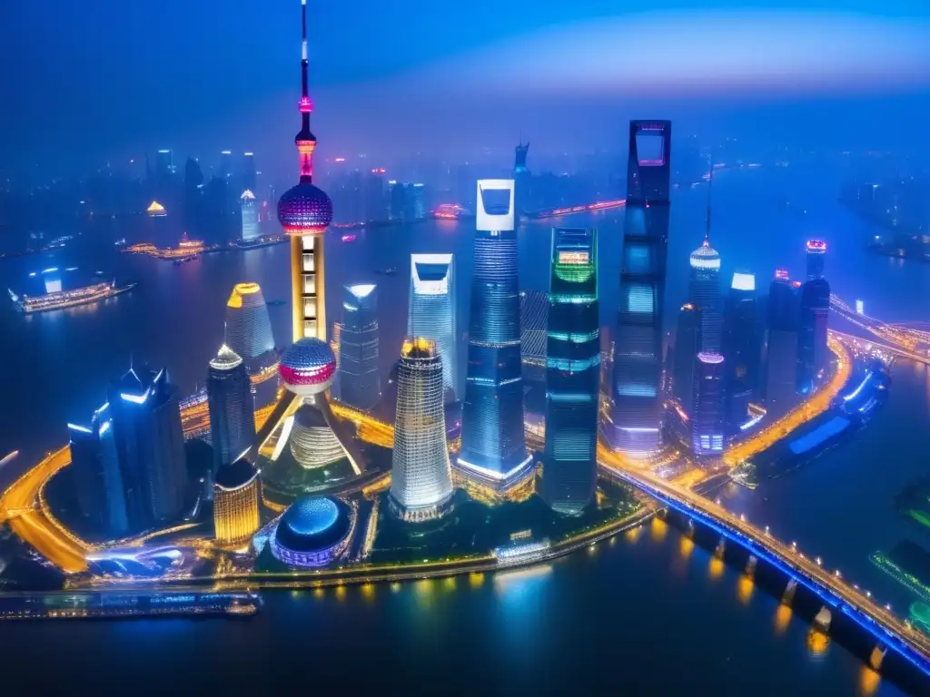 Shanghai skyline nocturno, símbolo del poder financiero chino Influencia de China en mercados emergentes: skyline nocturno de Shanghai, con rascacielos y luces vibrantes