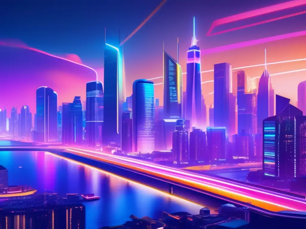 Ciudad futurista con rascacielos y luces de neón Influencia de China en mercados emergentes: Ciudad futurista con rascacielos, luces neón y un mapa digital