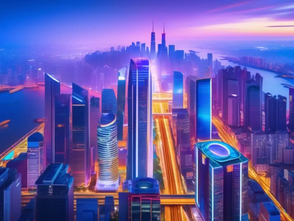 Ciudad vibrante al anochecer: crecimiento económico Influencia de ciclos económicos en inversiones: ciudad vibrante con rascacielos iluminados y actividad urbana