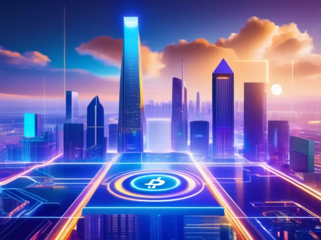 Fusión de criptomonedas y tecnología tradicional Influencia criptoinversiones acciones tecnológicas: imagen futurista fusionando tecnología tradicional y criptomonedas