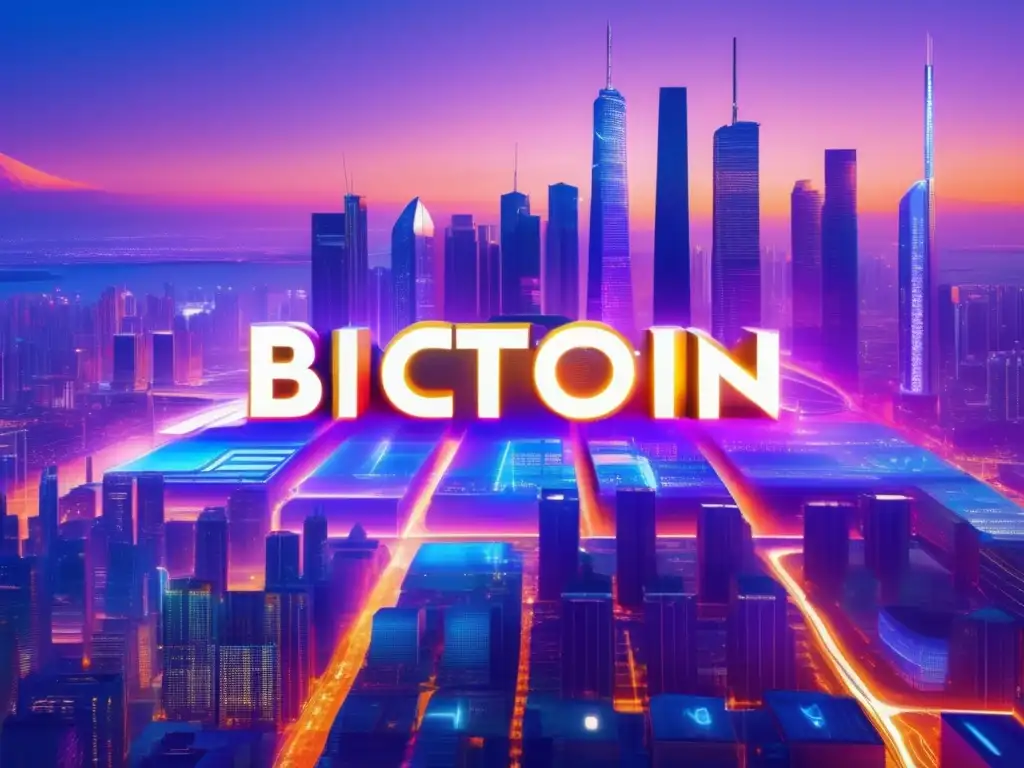 Ciudad futurista con criptomonedas Influencia criptoinversiones acciones tecnológicas en futurista imagen de ciudad con rascacielos y símbolo de bitcoin holográfico
