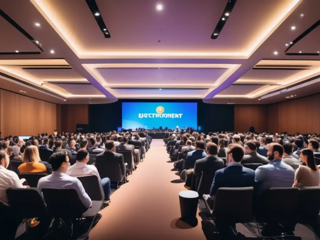 Conferencia criptomoneda: energía y diversidad Influencia de las Altcoins en criptomonedas: Conferencia llena de energía, expertos y entusiastas, iluminada por logos de altcoins