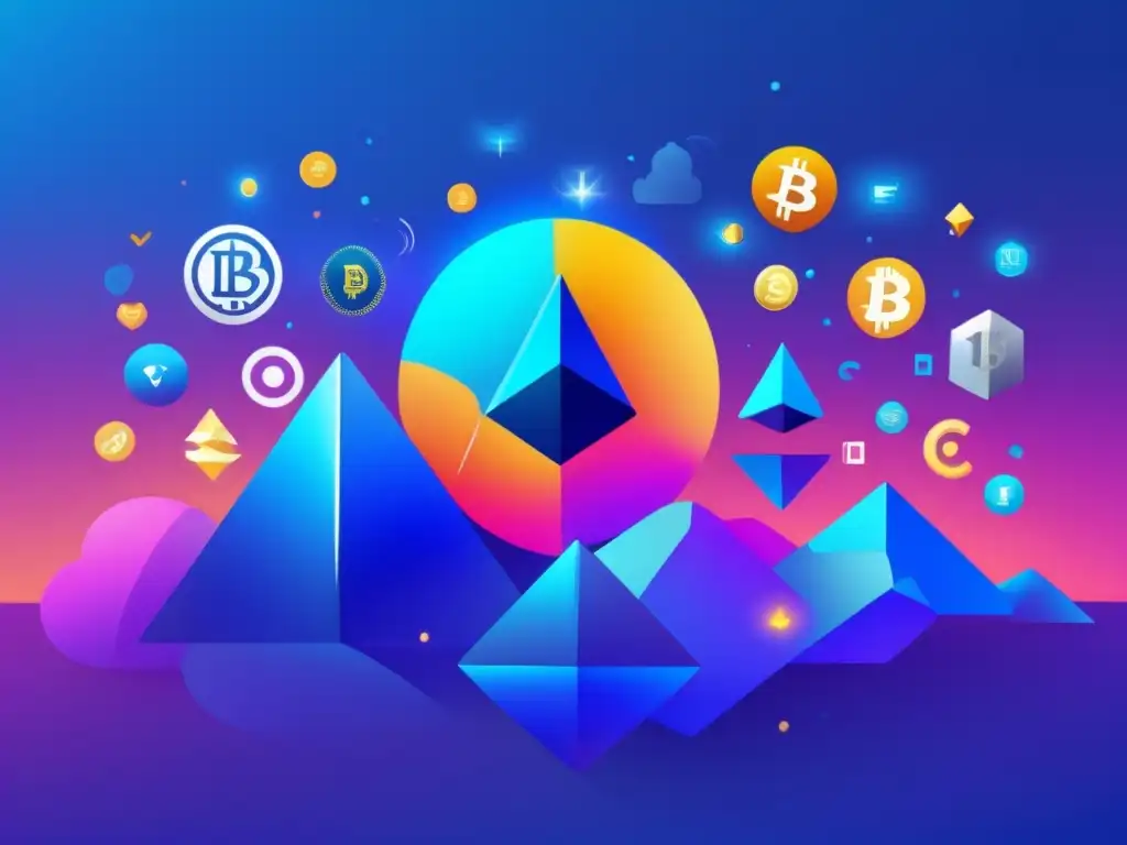 Paisaje digital criptomonedas Influencia de las Altcoins en criptomonedas: paisaje digital vibrante con símbolos de altcoins flotando, conectados por líneas brillantes