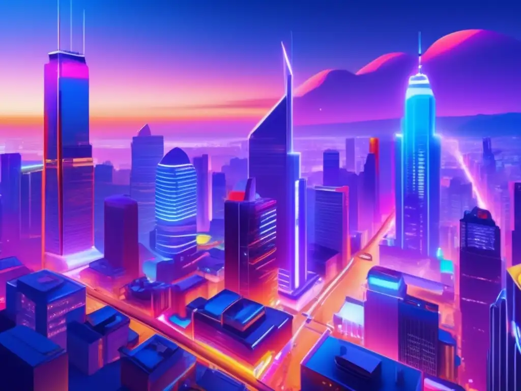 Ciudad nocturna: Rascacielos y luces vibrantes Influencia cultura en inversiones: Ciudad nocturna vibrante y diversa con rascacielos iluminados y gente en movimiento