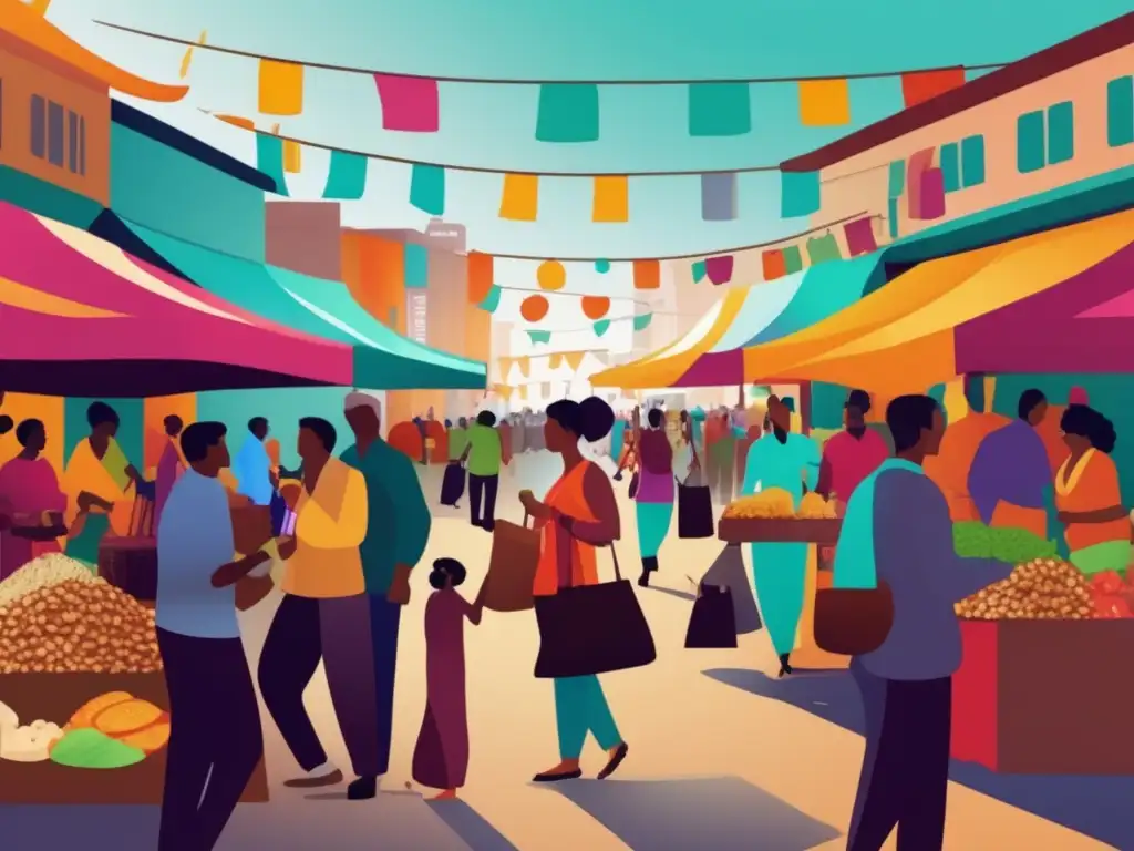 Mercado multicultural vibrante y animado Influencia cultura en inversiones: Mercado vibrante con gente diversa intercambiando dinero y productos en animadas conversaciones