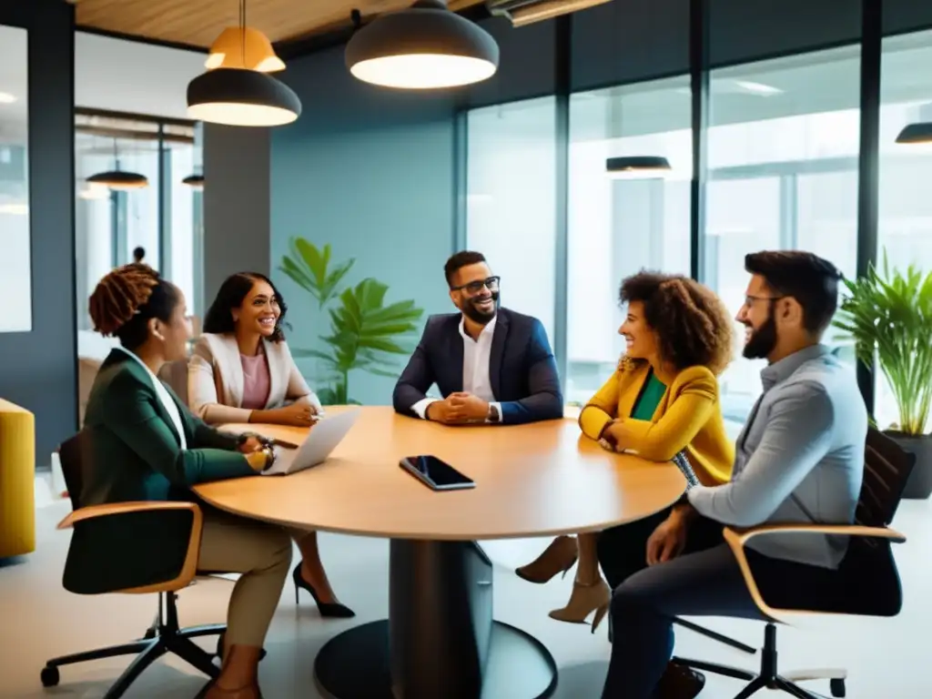 Grupo diverso discutiendo finanzas en oficina Influencia cultural en finanzas: Grupo diverso discutiendo en una oficina moderna