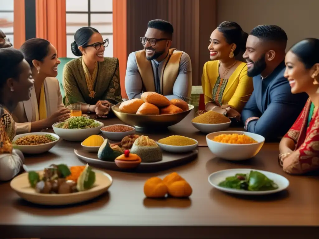 Reunión multicultural sobre inversiones Influencia cultural en finanzas: Grupo diverso discutiendo inversiones, fusionando tradiciones y sabores en una sala moderna