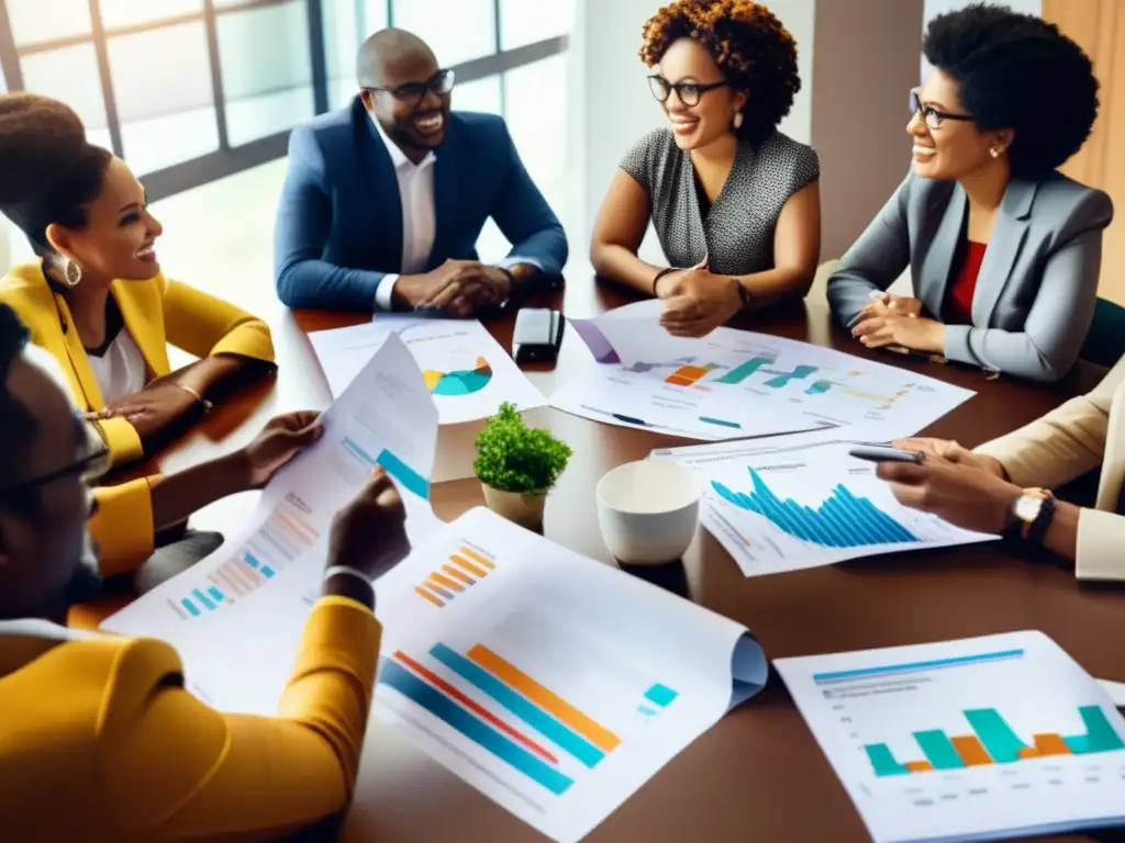 Discusión financiera multicultural Influencia cultural en finanzas: Grupo diverso en una animada discusión sobre finanzas, fusionando tradición e innovación en un entorno moderno