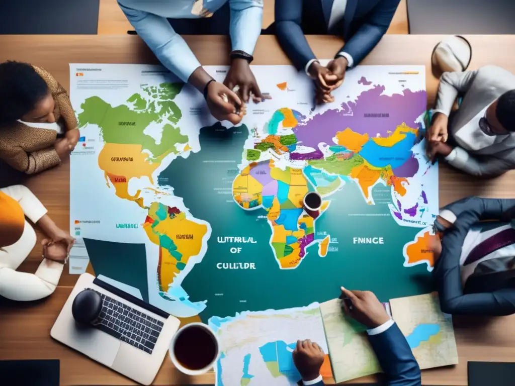 Diversidad cultural y finanzas: un debate global Influencia cultural en finanzas: grupo diverso discutiendo sobre finanzas, representando diferentes edades y etnias, con mapa del mundo en mesa