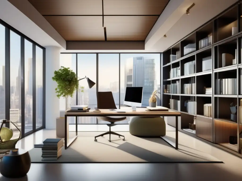 Espacio de oficina moderno con elementos culturales y símbolos financieros Influencia cultural en finanzas en una moderna oficina con ventanales y decoración armoniosa