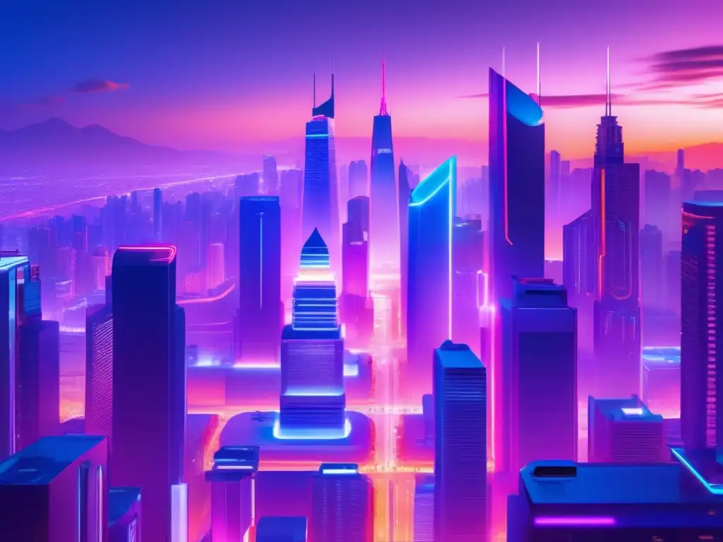 Ciudad futurista iluminada por neón Influencia cultural en inversiones financieras: Una ciudad futurista con rascacielos iluminados por luces de neón vibrantes