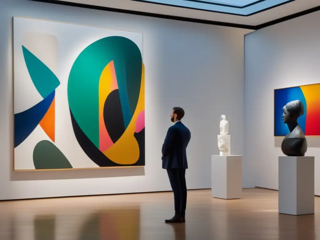 Arte vibrante en galería moderna Influencia cultural en inversiones financieras: Moderna galería de arte, iluminada con luz natural, muestra obras abstractas vibrantes y esculturas