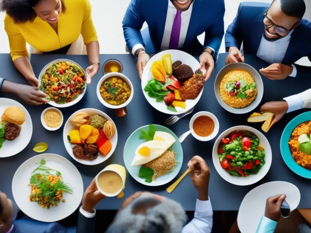 Conversación sobre inversiones y comida Influencia cultural en inversiones: Mesa diversa, comida colorida y profesionales entusiastas