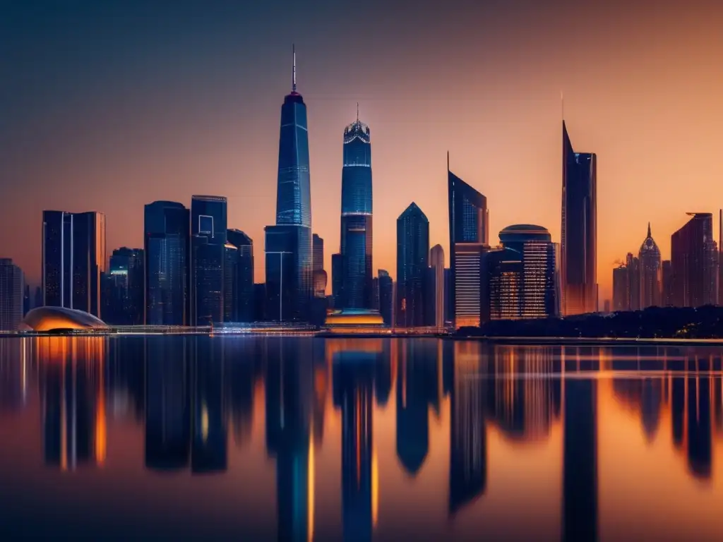 Moderna ciudad al atardecer con gráfico de deuda soberana Influencia de la deuda soberana en ciudad futurista de rascacielos iluminados al atardecer