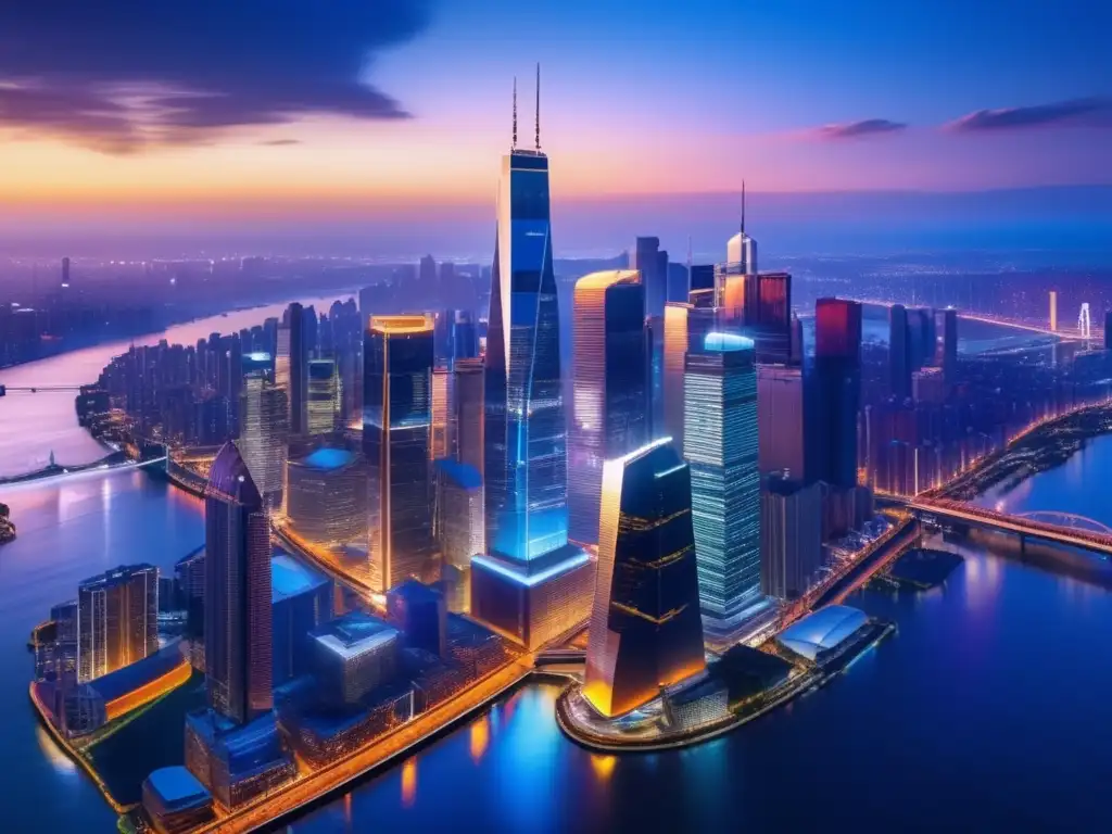 Ciudad moderna con rascacielos y luces Influencia de la deuda soberana en una vibrante ciudad con rascacielos y luces