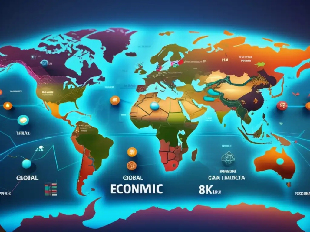 Mapa económico global detallado Influencia economía global: mapa 8k detallado de rutas comerciales, inversiones y símbolos de industrias